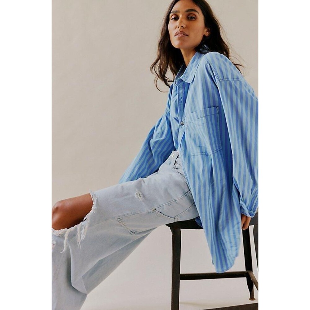 Free People We the Free Freddie Striped Shirt Blue Large NEW